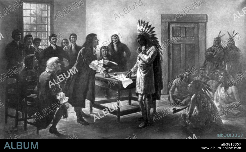 King (Metacomet) Philip, Sachem of the Wampanoags, standing at treaty table with white men, 1676. Metacomet (1639-1676) was a war chief or sachem of the Wampanoag Indians and their leader in King Philip's War, a widespread Native American uprising against English colonists in New England. At first he sought to live in harmony with the colonists, but as the colonies continued to expand, Metacomet used tribal alliances in an effort to push the Europeans out of New England. As the war dragged on, his forces were worn down, and he was finally killed in 1676.