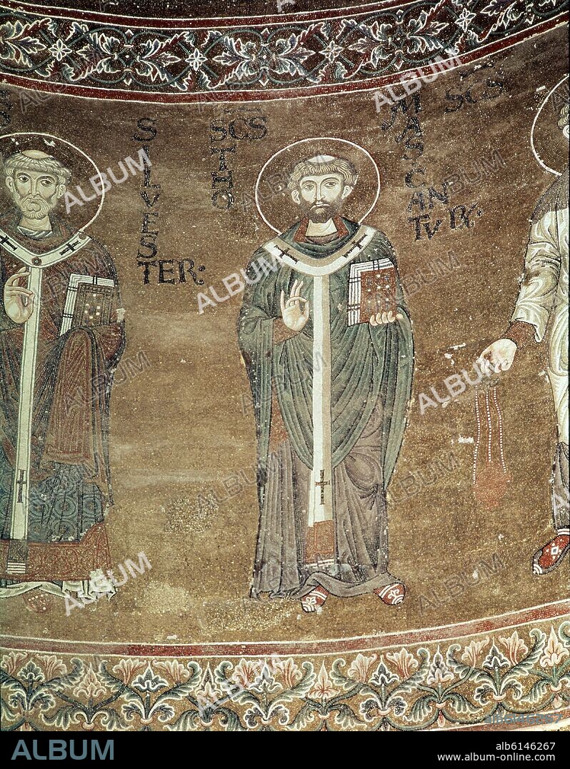 MOSAICO DEL ABSIDE DE LA CATEDRAL DE MONREALE CON SANTO TOMAS DE CANTERBURY (BECKET) - SIGLO XII - ROMANICO BIZANTINO.