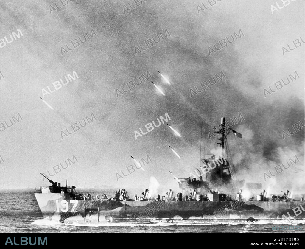 Okinawa, Japan:  April 1, 1945 A rocket firing Landing Craft Infantry (LCI) helps soften up Okinawa for our troops landing there.   © Underwood Archives / The Image Works.