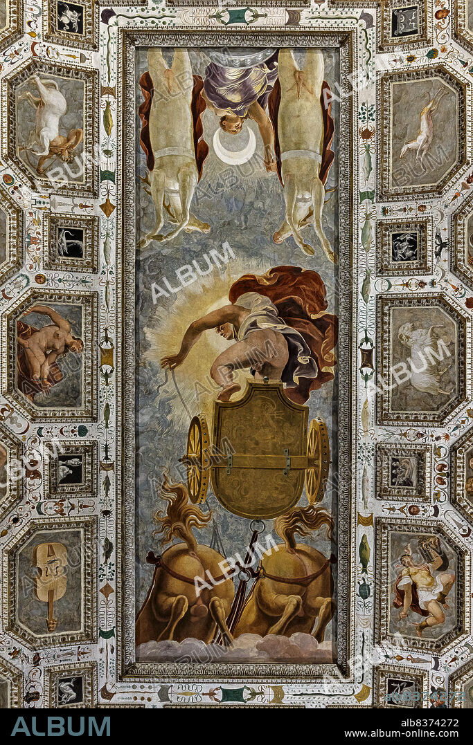 Civic Museum of Chiericati Palace, Hall of the Firmament: the ceiling with allegorical subject (1557-8). In the centre, Phaeton loses control of the chariot of the Sun and the horses. Behind him, the chariot of the Moon driven by Diana . The frescoes in the panels represent the constellations. The white and golden stucco squares are by Bartolomeo Ridolfi. The frescoes are by Domenico Riccio, known as Brusasorzi. The grotesques are by Eliodoro Forbicini.. The cycle represents an example of sixteenth-century astrological studies.