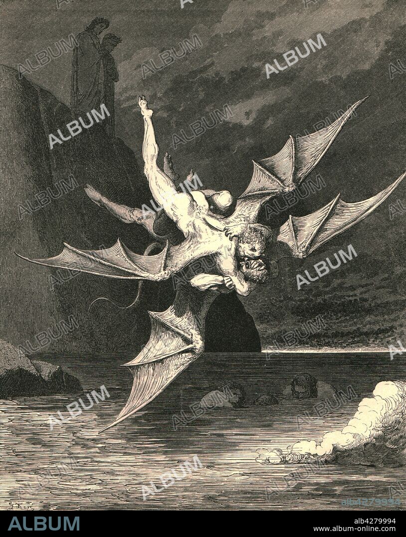 PAUL GUSTAVE DORÉ. 'But the other proved a goshawk able to rend well his foe; and in the boiling lake both fell', c1890. Two demons fall into a lake of molten pitch. Illustration from "The Vision of Hell" (Inferno), the first part of "The Divine Comedy" (La divina commedia) by Dante Alighieri. This long, narrative poem, written in Italian c1308-1321, tracing Dante's imaginary journey from Hell, through Purgatory and finally to Heaven and a beatific vision of God, has been published numerous times. This edition, published late 19th century, is illustrated by Gustave Dore. [Cassell Petter & Galpin, c1890].