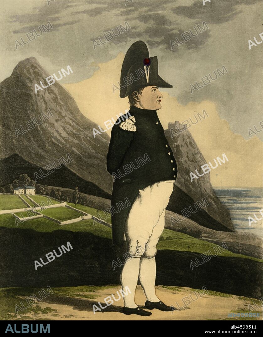 'Napoleon Bonaparte, sketched at St Helena by a British Officer in May last', 1816, (1921). Portrait of former French emperor and military leader Napoleon (1769-1821) who had been exiled by the British to the remote island of Saint Helena in the South Atlantic. From "Napoleon", by Raymond Guyot, [H. Floury, Paris, 1921].