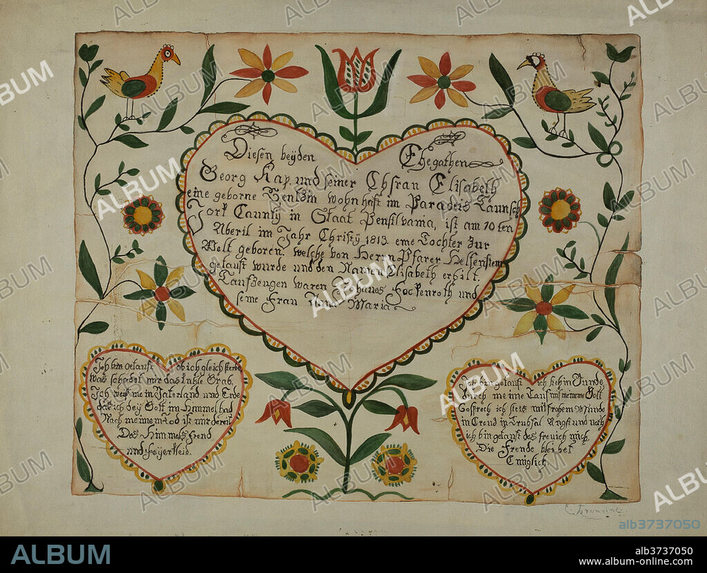 EMMA M. KRUMRINE. Fraktur - Birth and Baptismal Certificate. Dated: 1935/1942. Dimensions: overall: 37.6 x 50 cm (14 13/16 x 19 11/16 in.). Medium: watercolor, colored pencil, and graphite on paper.