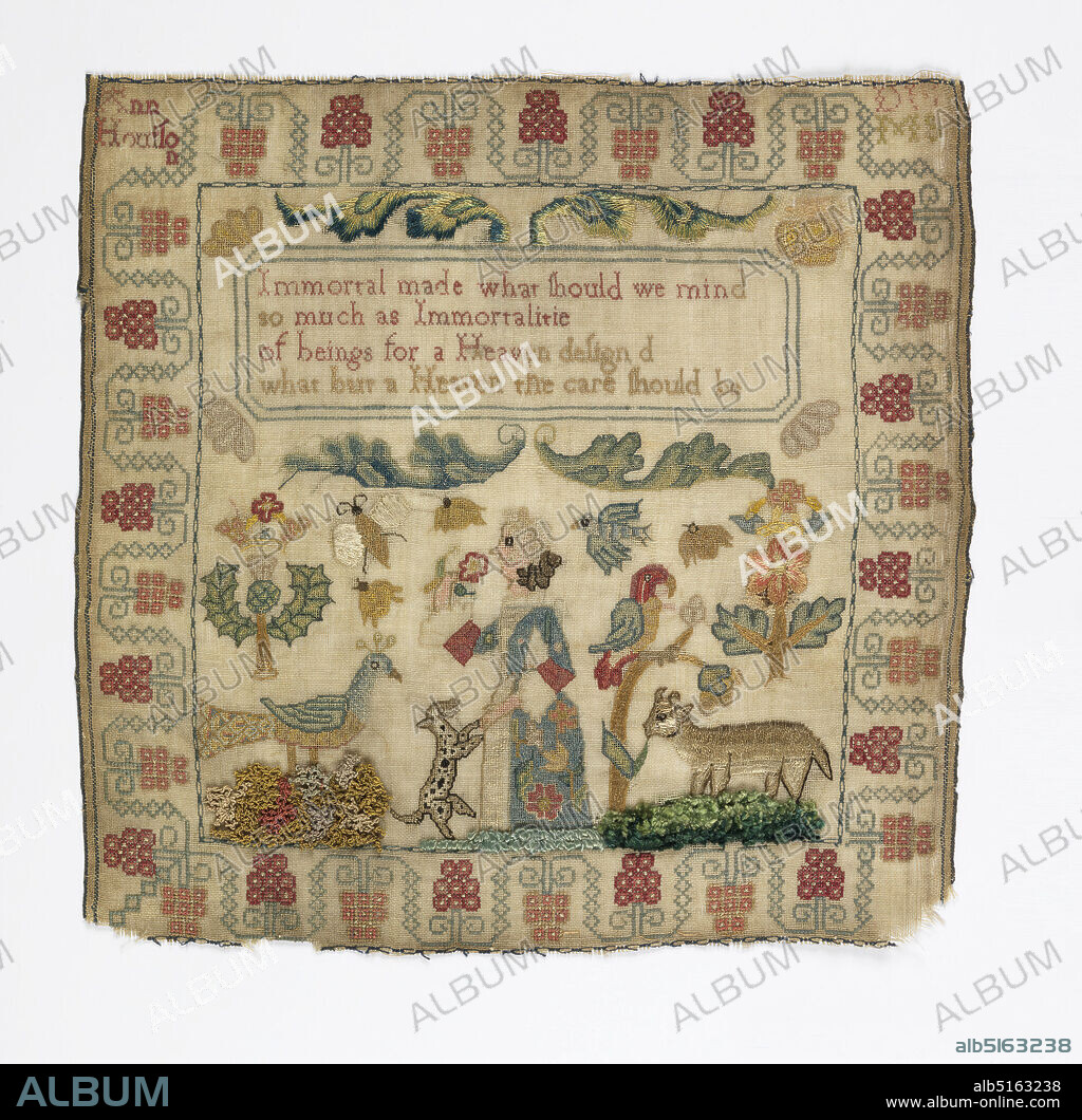 Sampler, Ann Honilon?, Medium: silk embroidery on wool foundation ...