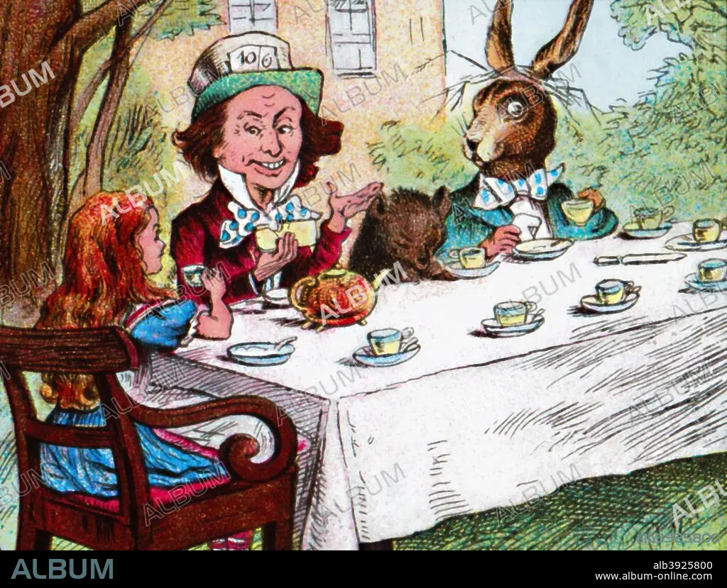 The Mad Hatter's Tea Party, a scene from Lewis Carroll's Alice in Wonderland,  illustrated by Sir John Tenniel. This image has been color enhanced. -  Album alb3817747