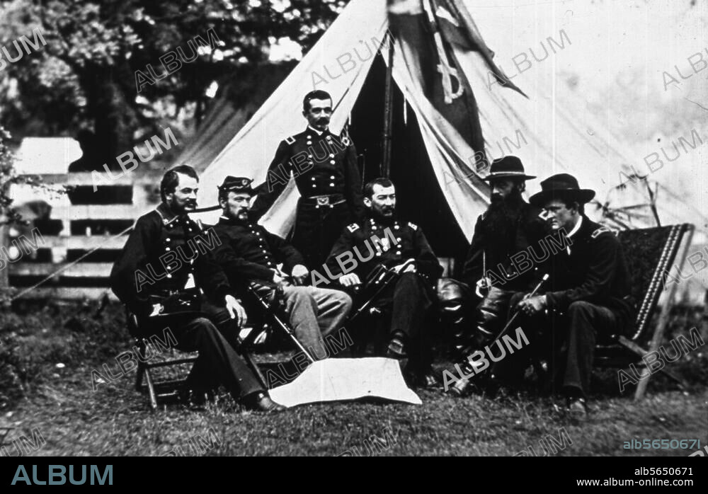 Sheridan, Philip Henry; American General in Union Army in American Civil War. Albany (New York) 6.3.1831 - Nonquitt. (Massachusetts) 5.8.1888. Sheridan with his generals, (left to right) Merriet, Mc. M.Gregg, Davies, Sheridan, Wilson and Torbert. Photograph, 1864.