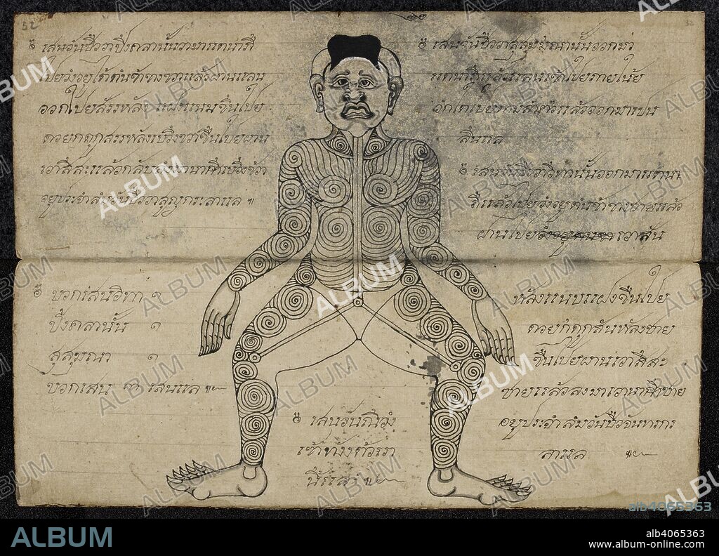 Thai medical diagram showing the pressure points on a Human body. Massage  treatise. Thailand, 1800 - 1850. Paper folding book (samut khoi).  Dimensions: 355 mm x 127 mm. Sc - Album alb4065363