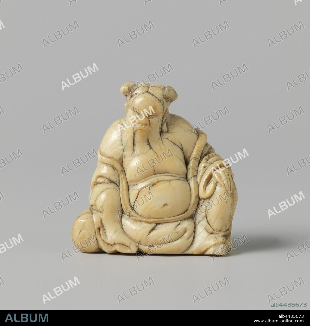 Budai, Image of a sitting fat man with a beard, one hand on the raised  knee, the mantle has sunk so that the belly and shoulders are bared. The  rear is only