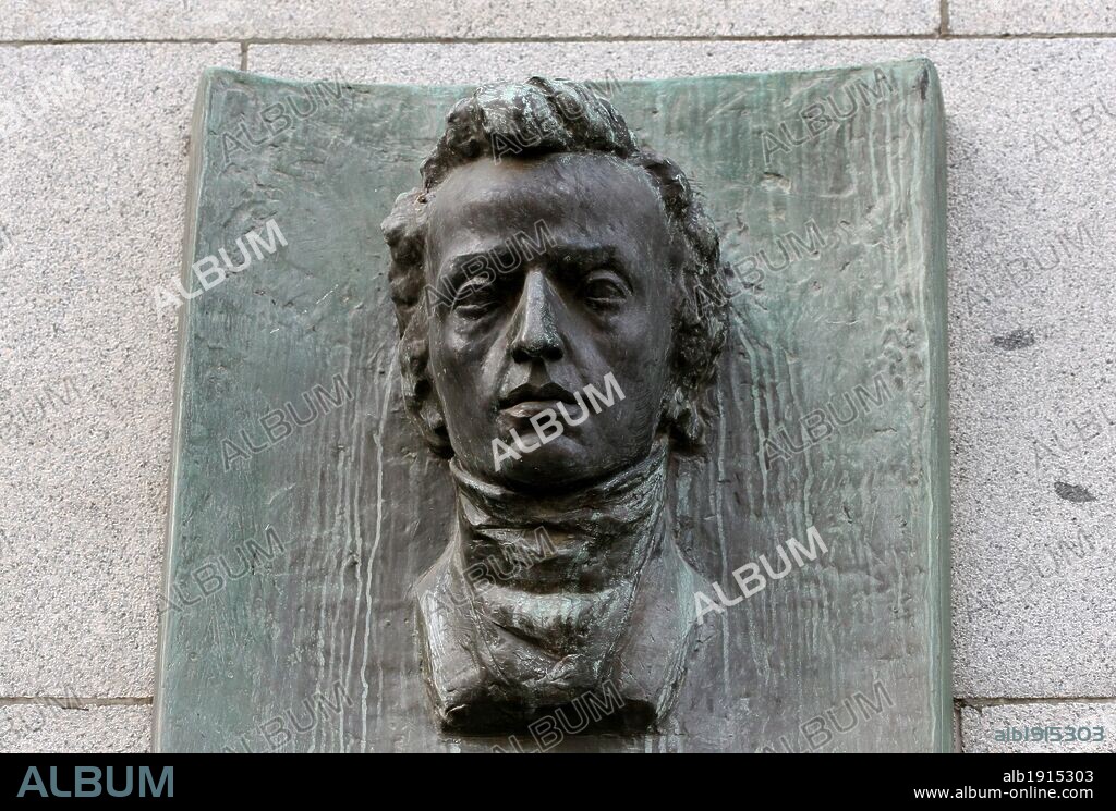 Frederic Chopin (1810-1849). Polish composer and virtuoso pianist of the Romantic era. Commemorative plaque on wall of the Czech National Bank, house where Chopin lived from 1829 to 1830 in the city. Prague, Czech Republic.