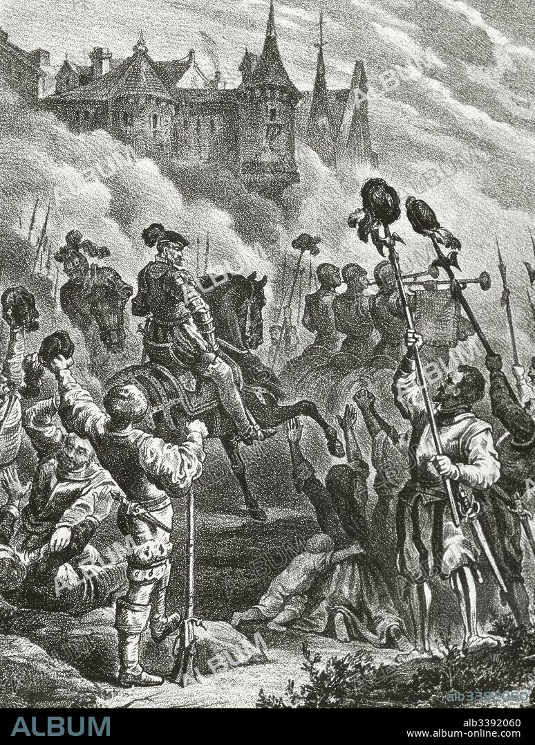 The Portuguese succession crisis of 1580. The fall of Lisbon. Fernando Alvarez de Toledo y Pimentel (1507-1582), 3rd Duke of Alba and supreme commander in Portugal in 1580, defeated Antonio I of Portugal in the Battle of Alcantara and reduced Portugal to the subjection of Philip II of Spain. Engraving.