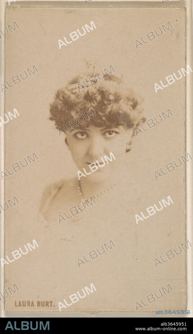 Laura Burt, from the Actresses series (N246), Type 1, issued by Kinney Brothers to promote Sporting Extra Cigarettes. Dimensions: Sheet: 2 3/4 × 1 5/8 in. (7 × 4.2 cm). Publisher: Issued by Kinney Brothers (American). Date: ca. 1890.
Trade cards from the set "Actresses" (N246), issued ca. 1890 by Kinney Brothers Tobacco to promote Sporting Extra Cigarettes. There are two types of cards in the series, varying by size.