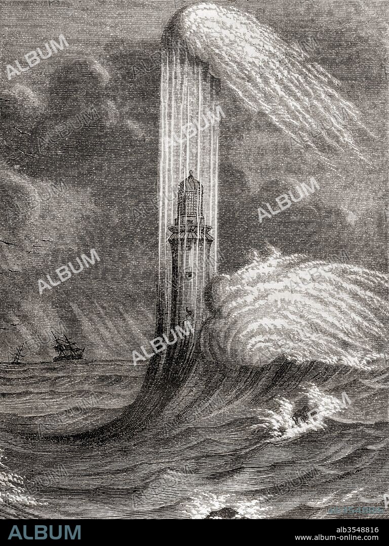 The 18th century Eddystone Lighthouse, built by John Rudyard, Eddystone Rocks,near Rame Head, England, United Kingdom. From Les Merveilles de la Science, published c. 1870.