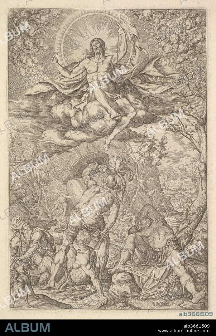 Resurrection of Christ, encompassed by an aureole and clouds with lines of winged putti to either side, a sleeping soldier and arising soldiers below. Artist: Melchior Meier (German, active Italy, ca. 1572-82). Dimensions: sheet: 10 3/16 x 7 3/8 in. (25.9 x 18.7 cm)
image: 6 15/16 x 4 13/16 in. (17.6 x 12.3 cm). Date: 1577.