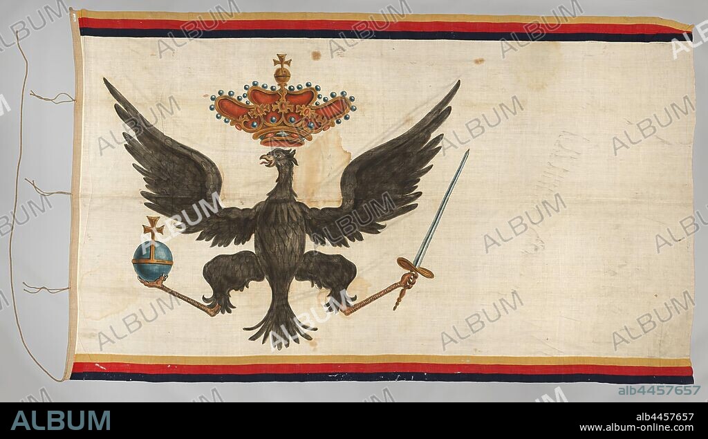 Prussian flag, White flag, with a black eagle on the pants' side with a raised sword in the left claw, a rich apple in the right claw. Above the pants-facing head a crown with five brackets, with pearls, fleurons and red cap. Backside identical. Narrow bands of yellow-red-black at the top and bottom. Five fastening strings on the pants. On the pants: T.R.51-1953 N.O.M, Prussia, anonymous, Germany, c. 1865 - c. 1900, baan rood en blauw, baan wit, painting, h 243 cm × w 392 cm.