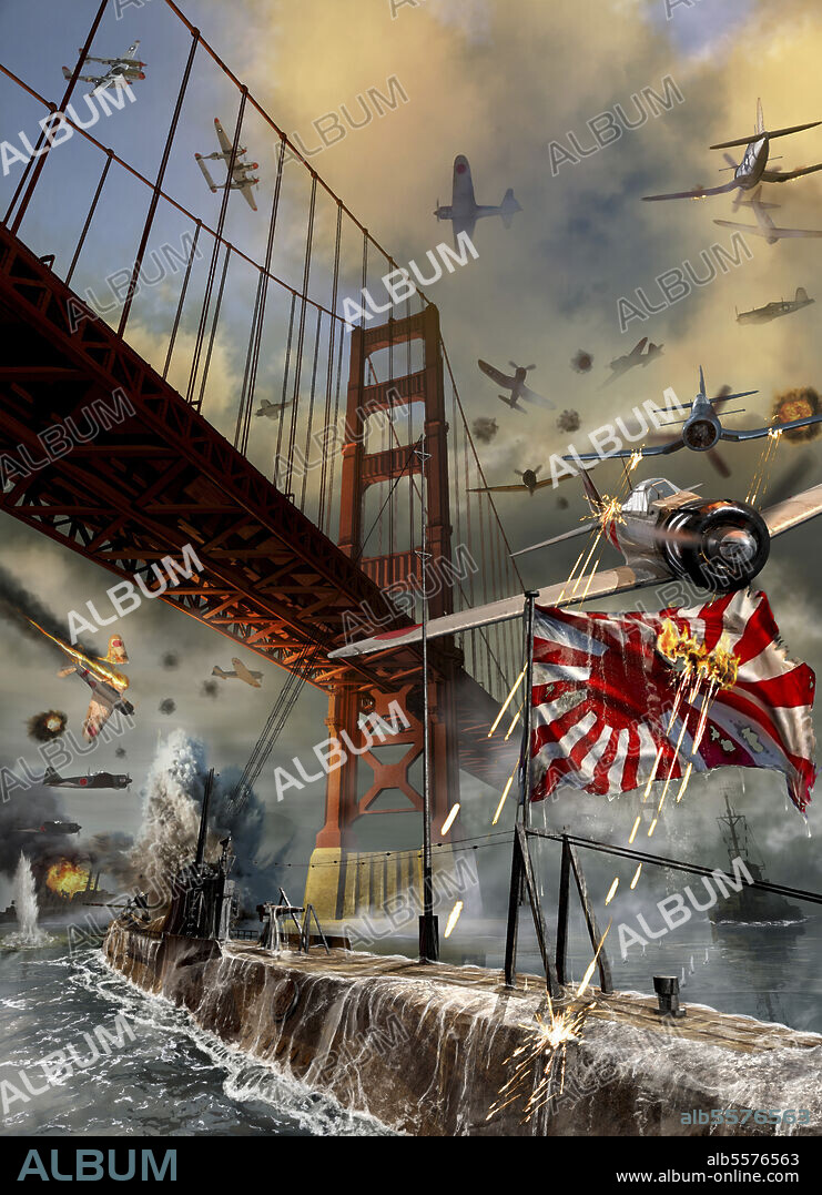 U.S. planes attacking a Japanese Zero and submarine entering under the Golden Gate Bridge during World War II.