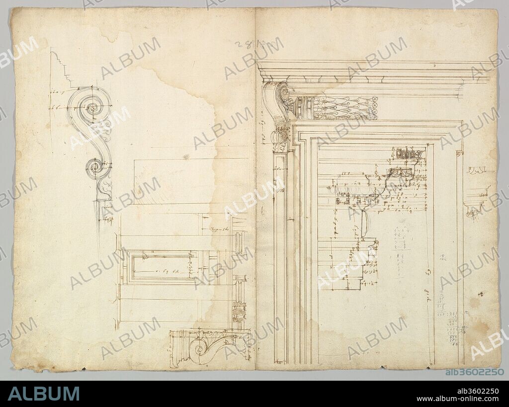 Palazzo Massimo alle Colonne, portico, elevation; portal, cornice, section; portal bracket, detail; fireplace, detail (recto) blank (verso). Dimensions: sheet: 23 1/8 x 17 1/4 in. (58.8 x 43.8 cm). Draftsman: Drawn by Anonymous, French, 16th century. Date: early to mid-16th century.