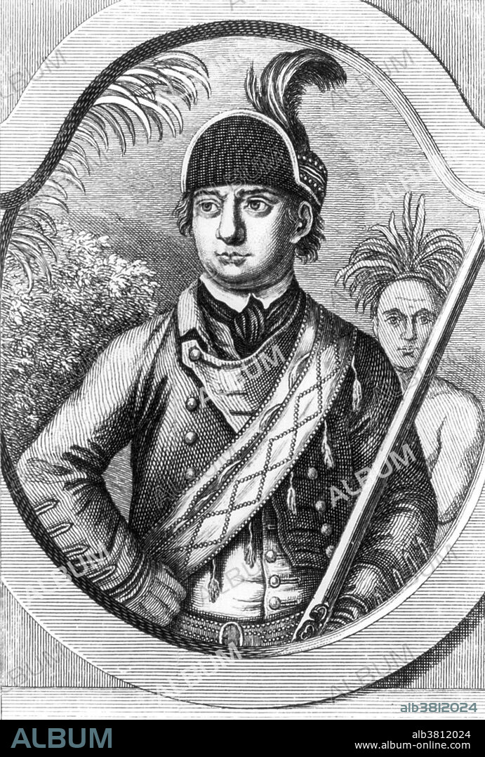 Portrait of Robert Rogers (1731-1795), a colonial frontiersman who served in the French and Indian war and the American Revolutionary War. During the former he raised and commanded a colonial militia known as Rogers' Rangers.