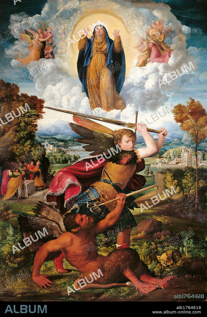 The Archangel Michael and the Devil, by Giovanni Luteri know as Dosso Dossi, Battista Dossi, 1533-1534, 16th Century, oil on panel, cm 243 x 166. Italy, Emilia Romagna, Parma, National Gallery. All. Glory Virgin Mary Madonna clouds light angels St Michael Archangel fighting battle devil sword monster. Authorization required for non editorial use.