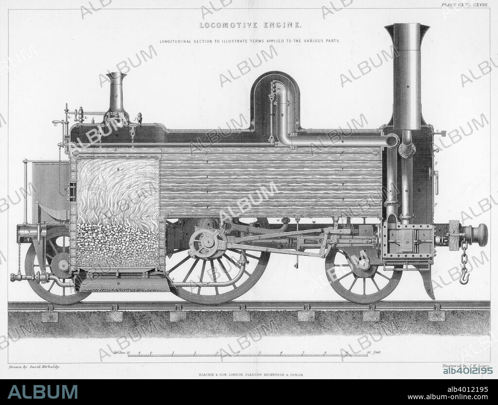 Longitudinal section of a typical British passenger steam locomotive, 1888. The firebox heated the boiler tubes, producing steam to drive the locomotive. From The Popular Encyclopaedia. (London, 1888).