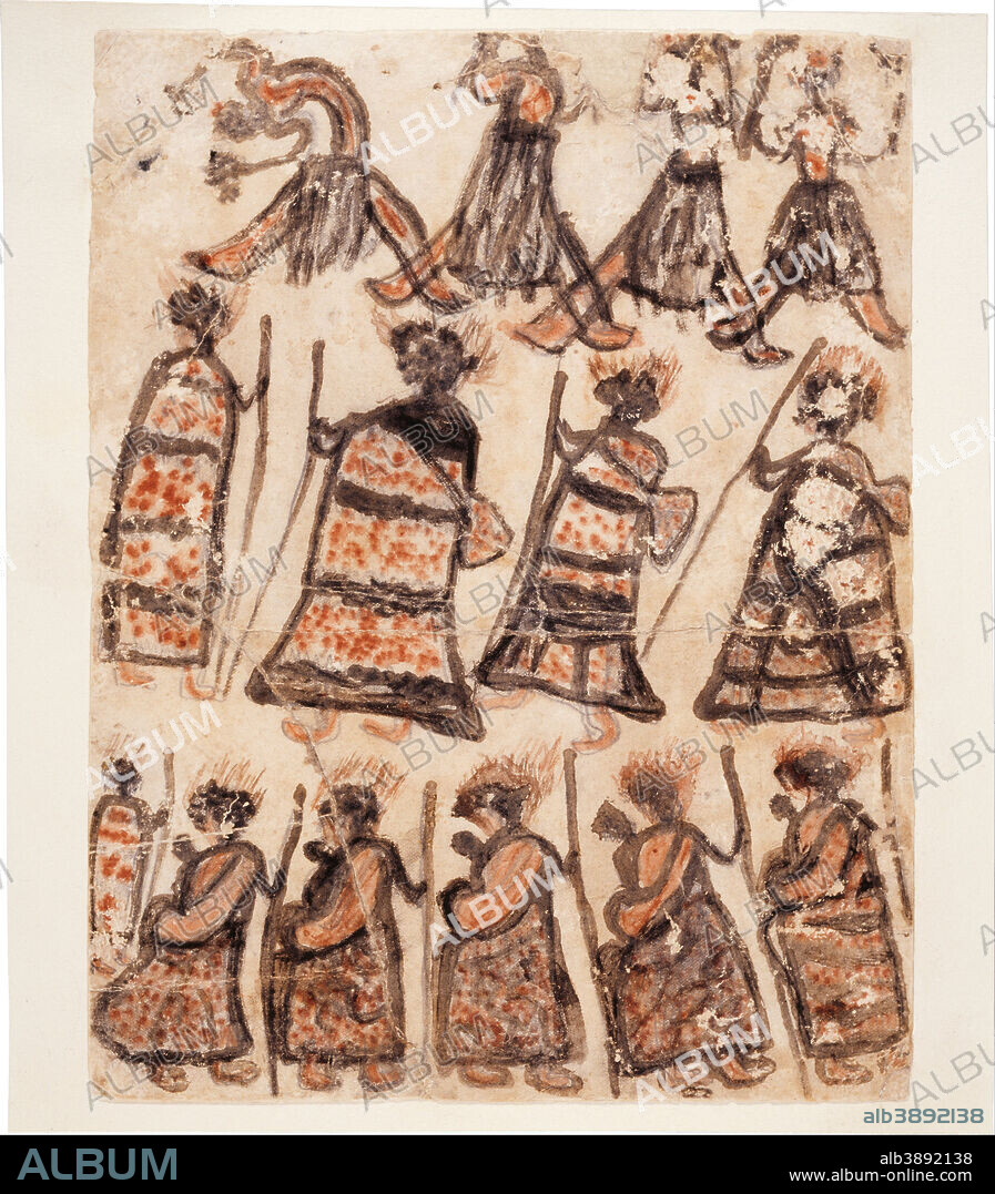 WILLIAM BARAK-WURUNDJERI PEOPLE. Dancers and women in possum skin cloaks. Date/Period: 1880s. Drawing. Height: 258 mm (10.15 in); Width: 196 mm (7.71 in).