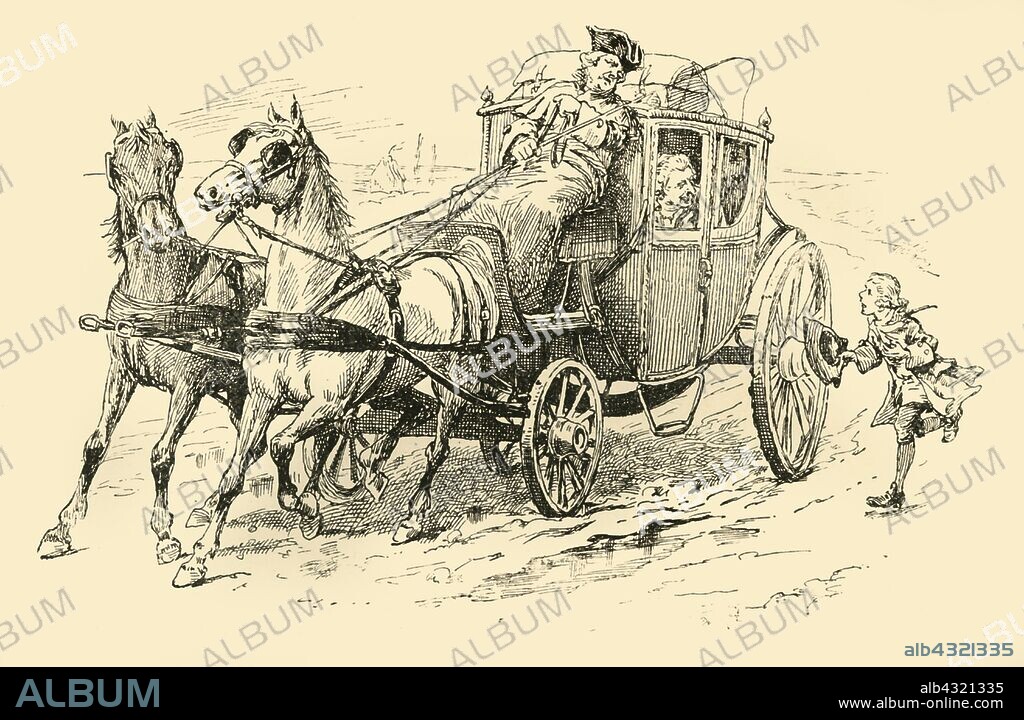 'He called to the coachman to stop', (1907). The young Handel runs after his father's carriage: Handel did not know then that no fewer than forty miles lay between his home and the ducal castle, but...running behind the closed carriage, he did his best to keep pace with it. The roads were long and muddy, and...the child's strength began at last to fail, and, fearing that he would be left behind, he called to the coachman to stop. At the sound of the boy's voice his father thrust his head out of the window, and...a glance at the poor little bedraggled figure in the road, with its pleading face, melted the surgeon's heart. They were at too great a distance from home to turn back, and so Handel was lifted into the carriage...' From "Story-Lives of Great Musicians", by F.J. Rowbotham. [Wells Gardner, Darton & Co. Ltd, London, 1907].