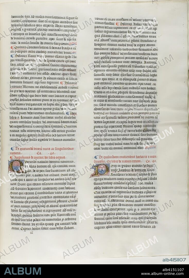 Folio Thirteen from Burchard of Sion's De locis ac mirabilibus mundi, or an Illuminated Geography. French (Paris); written by Burchard of Mount Sion (German, active 13th century). Date: 1450-1470. Dimensions: 500 × 390 mm (average). Folio from a partial manuscript with decorated letters and other decorations in tempera and gold leaf, and with Latin inscriptions in black and brown ink, ruled in light brown ink, on vellum. Origin: France.