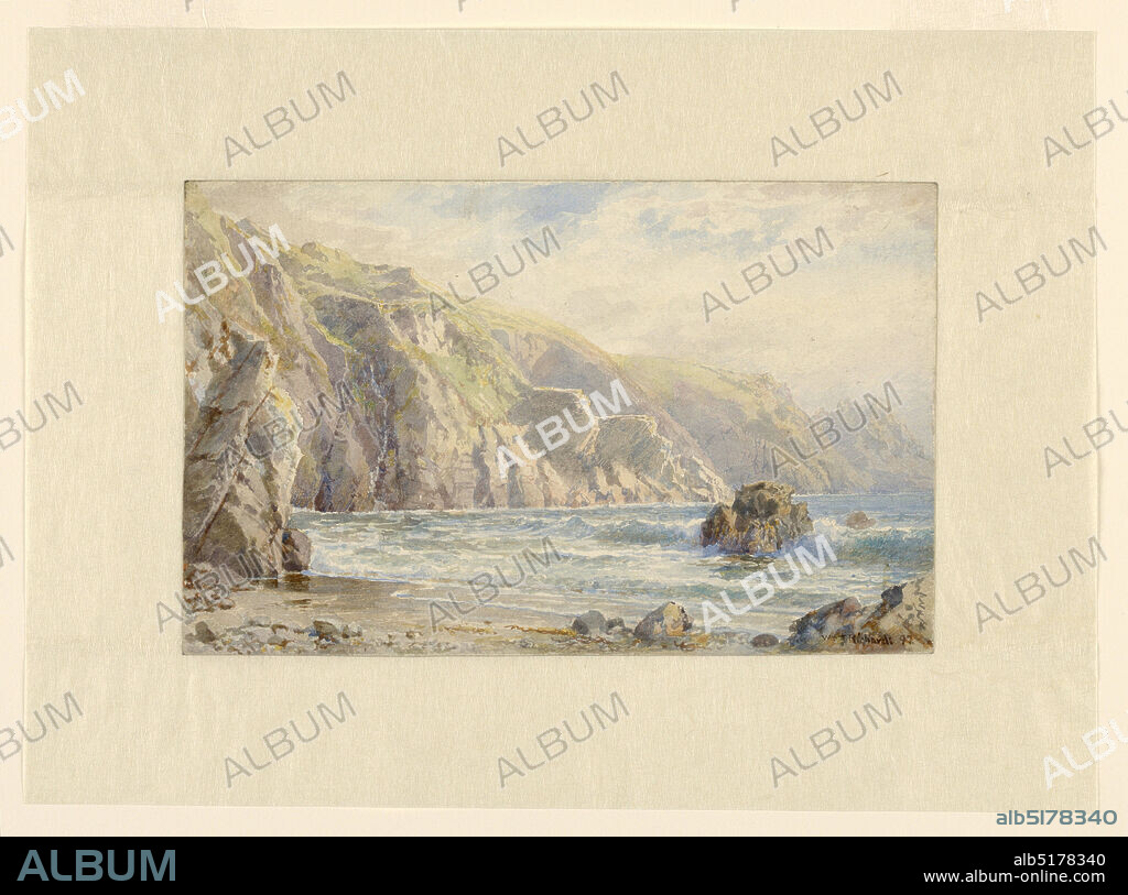 Study for 'Moulin Huet Bay, Guernsey', William Trost Richards, American, 18331905, Brush and watercolor, graphite on paper, View from beach looking toward the sea, with steep cliffs at left receding into the distance. Waves lap against boulder at lower right and onto small stretch of beach at lower left., USA, 1897, landscapes, Drawing, Drawing.