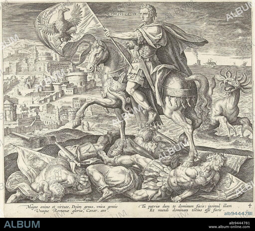 Julius Caesar riding a horse, in his hand a flag depicting an eagle (Rome). The horse tramples King Cyrus of Persia, Ninus of Babylonia and Alexander the Great. In the background a cityscape. Next to Julius Caesar, a many-horned monster emerges from the sea, a reference to a dream of Daniel (Daniel 7) about the rise of four kingdoms in the world. The print has a Latin caption and is part of a four-part series relating four rulers of antiquity to Daniel's predictions, Julius Caesar as the fourth king from Daniel's vision Rise of four world kingdoms and four rulers from Daniel's vision , print maker: Adriaen Collaert, (mentioned on object), Maerten de Vos, (mentioned on object), publisher: Claes Jansz. Visscher (II), (mentioned on object), print maker: Antwerp, Antwerp, publisher: Amsterdam, 1570 - 1618, paper, engraving, h 224 mm × w 269 mm.