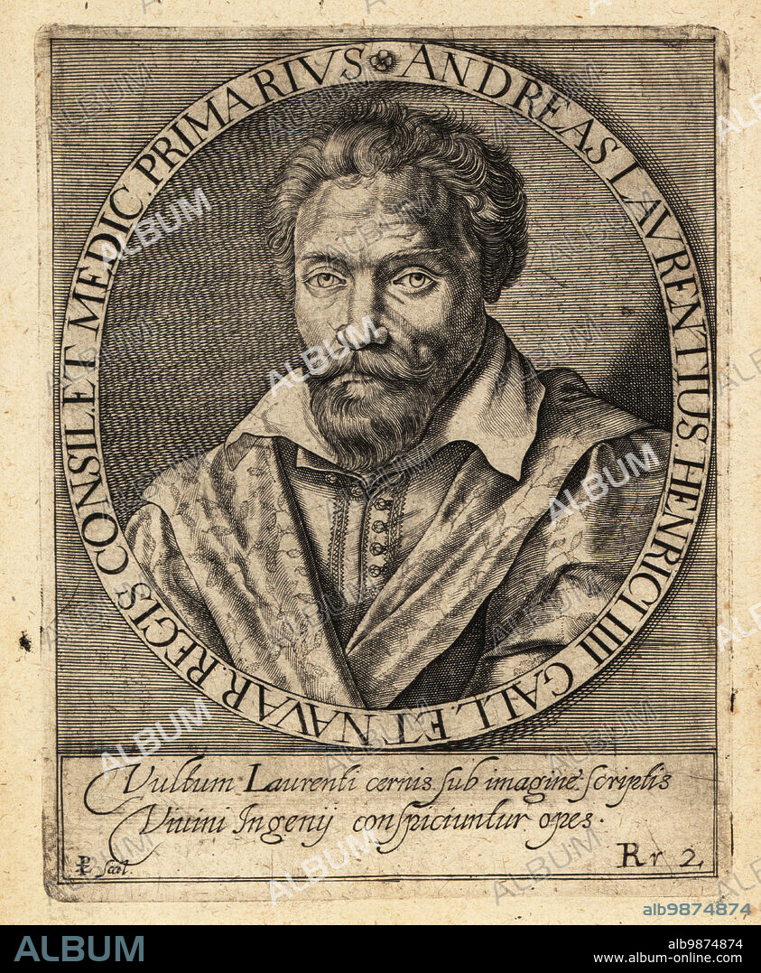 Andre du Laurens, French physician to King Henry IV, 1558-1609. Andreas Lavrentius, Henrici IIII Gall et Navar Regis Consilet Medicus Primarius. Copperplate engraving by Johann Theodore de Bry from Jean-Jacques Boissards Bibliotheca Chalcographica, Johann Ammonius, Frankfurt, 1650.