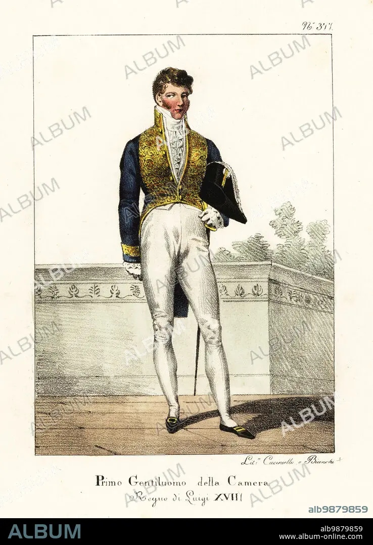 First Gentleman of the Bedchamber, reign of King Louis XVIII, Bourbon  Restoration, 1814-1824. In gold embroidered coat, breeches, hose, buckle  shoes, with bicorne. Premier - Album alb9879859