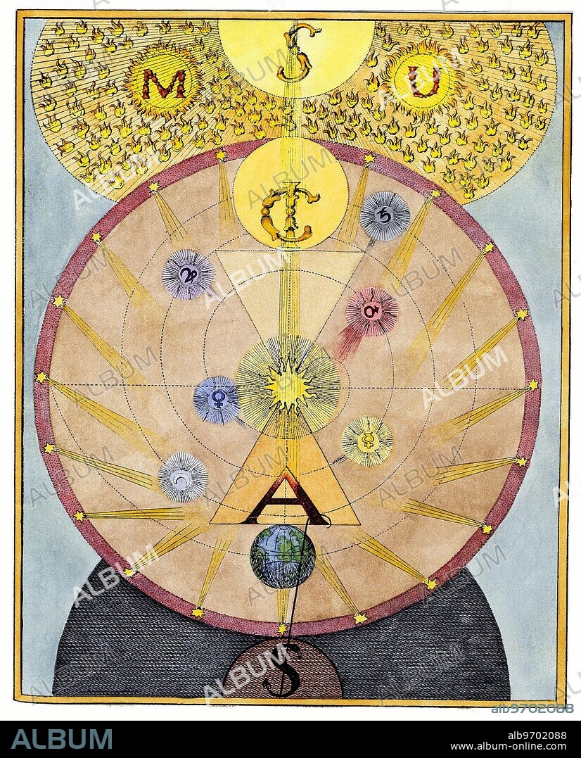 SYMBOLS - OCCULT ART - SEAL OF SOLOMON. One of a series of influential occult engravings by William Law, in explication of the principles in the arcane thought of the Rosicrucian, Jacob Boehme, from The Works of Jacob Behmen, The Teutonic Theosopher, Vol 1, 1764. 	Plate 10 illustrates the saving (but not the redemption) of Adam by the coming of Christ (symbolized here by the overlapping I and C, which stands for Jesus Christ). Adam is lifted from the dark pit by the triangle that is centred on the Sun. Sophia, and the stars still radiate their influences towards Adam, yet Adam still remains in the grasp of Satan. In his text, Boehme makes clear that the touching of the two triangles is of deep spiritual significance. That which stands on the earthly globe is a fiery triangle, and an emblem of Adam's soul. The emblem of Christ stands upon top of the other - the 'watery triangle', and their positions indicate that the Soul's Desire may draw itself up to merge with the triangle of Christ, and thereby form the Seal of Solomon, 'the most significant Character (or magic symbol) in all the Universe'. Only then will the reunion with Sophia be possible, and regeneration achieved. The quotations are from William Law's An Illustration of the Deep Principles of Jacob Behmen, the Teutonic Theosopher.