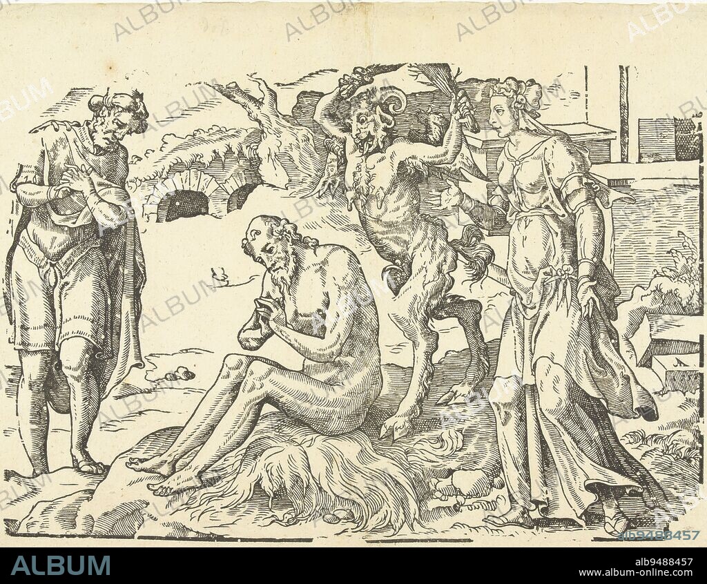 Job sitting naked on a dung heap, being scourged by the devil. To h left  his wife, to h right a friend, Job on the dung heap, print maker:  Monogrammist AI (16e