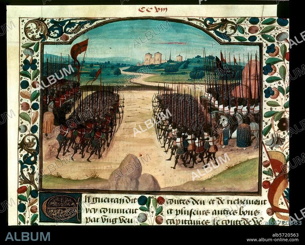 War of King Henry V of England against France / Battle of Agincourt on 25. October 1415. The battle of Agincourt; in the back Agincourt castle. Book illumination, French, 15th century. From: Abrégé de la Chronique d'Enguerrand de Monstrelet. Ms. français 2680, fol. 208 r, Paris, Bibliothèque Nationale.