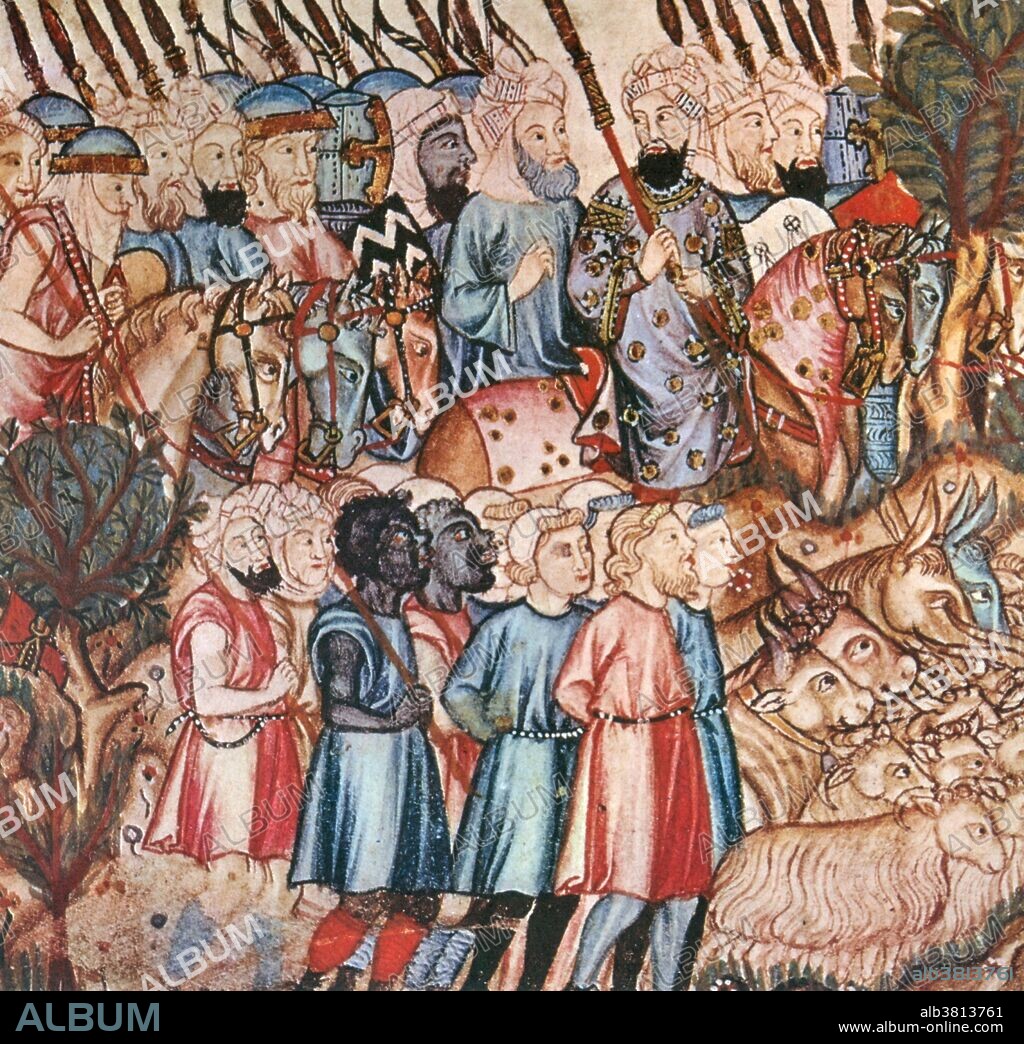 Christian prisoners of war. Note the similarity between the Christian captives and the Moorish foot soldiers, in contrast with the leader in his purple robes with silk and pearls. From the Cantigas de Santa Maria. The Umayyad conquest of Hispania is the initial Islamic Umayyad Caliphate's conquest, between 711 and 718, of the Christian Visigothic Kingdom of Hispania, centered in the Iberian Peninsula. After the conquest Christians were herded off into slavery along with all their livestock. The conquest was followed by a period of several hundred years during which most of the Iberian peninsula was known as the province of Al-Andalus, dominated by Muslim rulers. Only a handful of small Christian states survived in the mountainous north of the peninsula.