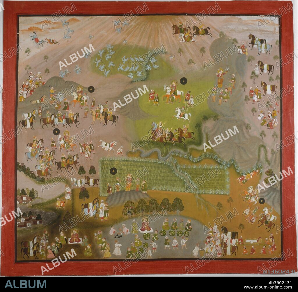 Maharana Jagat Singh Hawks for Cranes. Artist: Shiva and Dayal. Culture: Western India, Rajasthan, Udaipur. Dimensions: Sheet: 26 7/8 x 29 3/4 in. (68.3 x 75.6 cm)
Image: 23 7/8 x 25 7/8 in. (60.6 x 65.7 cm)
Framed: 34 5/8 × 36 1/2 × 1 1/2 in. (87.9 × 92.7 × 3.8 cm). Date: dated 1744.
This spectacular panoramic vista of the Mewar landscape depicts a royal hunting party in a series of consecutive vignettes, creating a continuous narrative. The aerial perspective, reflecting the plunging views of terrain offered from many Rajput forts, was an innovation of the Mewar school, perhaps combined here with a new awareness of European cartography. The rays of golden sun--the insignia that Rajput princes displayed on their standards--add a surreal if somewhat celestial dimension to the composition. This painting is remarkable for its complex topography, differentiated with imaginatively devised pictorial devices--hillocks, streams, fields--each deployed to create a landscape of the imagination. The large scale of the work is typical of mid-eighteenth-century Mewar painting, as is the likelihood that multiple artists worked on it in a palace studio environment.