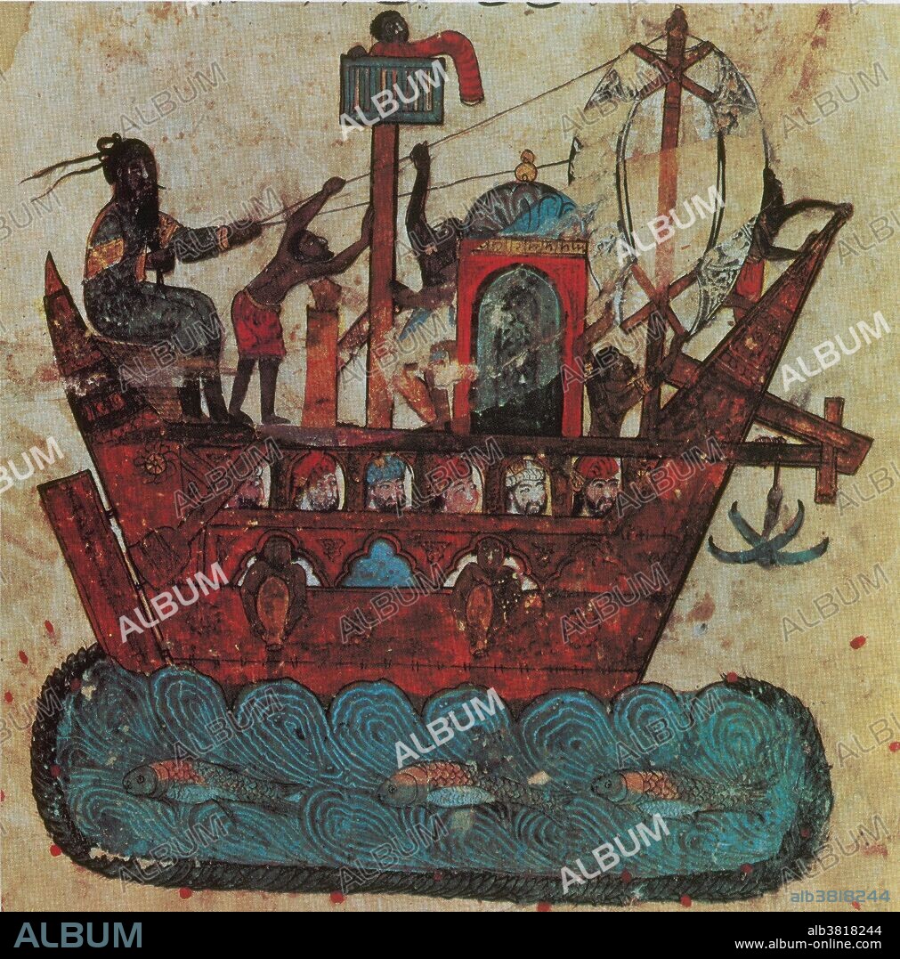 An Arab ship, around 1237, engaged in the East African trade in the Persian Gulf. This is a miniature from the al-Maqamat of al-Hariri, Baghdad. The ship is clearly meant to ply open waters, though it does not show all that clearly the triangular lateen sail that Arab and other ships used, which enabled them to steer against the wind when necessary. Maritime trade on the Indian Ocean changed little from the Bronze Age to the advent of the internal combustion engine.