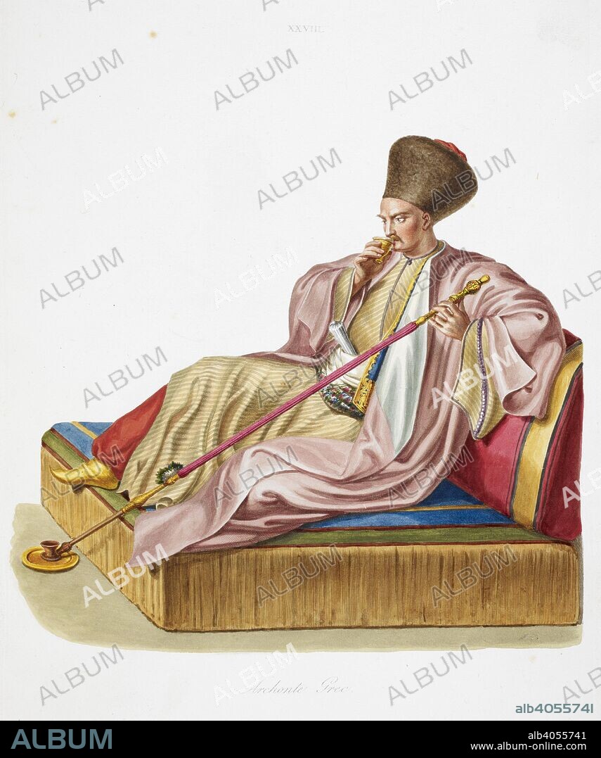 MAGNUS VON STACKELBERG, OTTO, BARON. 'Archonte grec'. A Greek man, seated, drinking. Costumes et usages des peuples de la Grece moderne, graves d'apres les dessins executes sur les lieux en 1811, etc. Rome, 1825. Greek costume. Source: 809.m.16 plate XXVIII. Language: French.