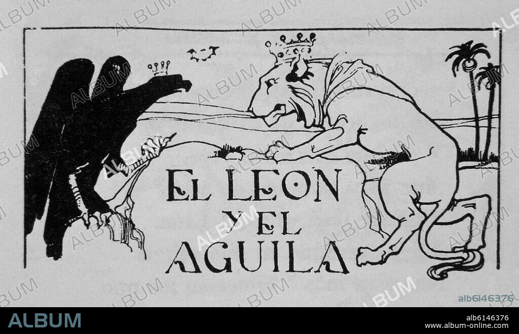 PEDRO MUGURUZA. EL LEON Y EL AGUILA - DIBUJO PARA LA FABULA DE IRIARTE - 1915.