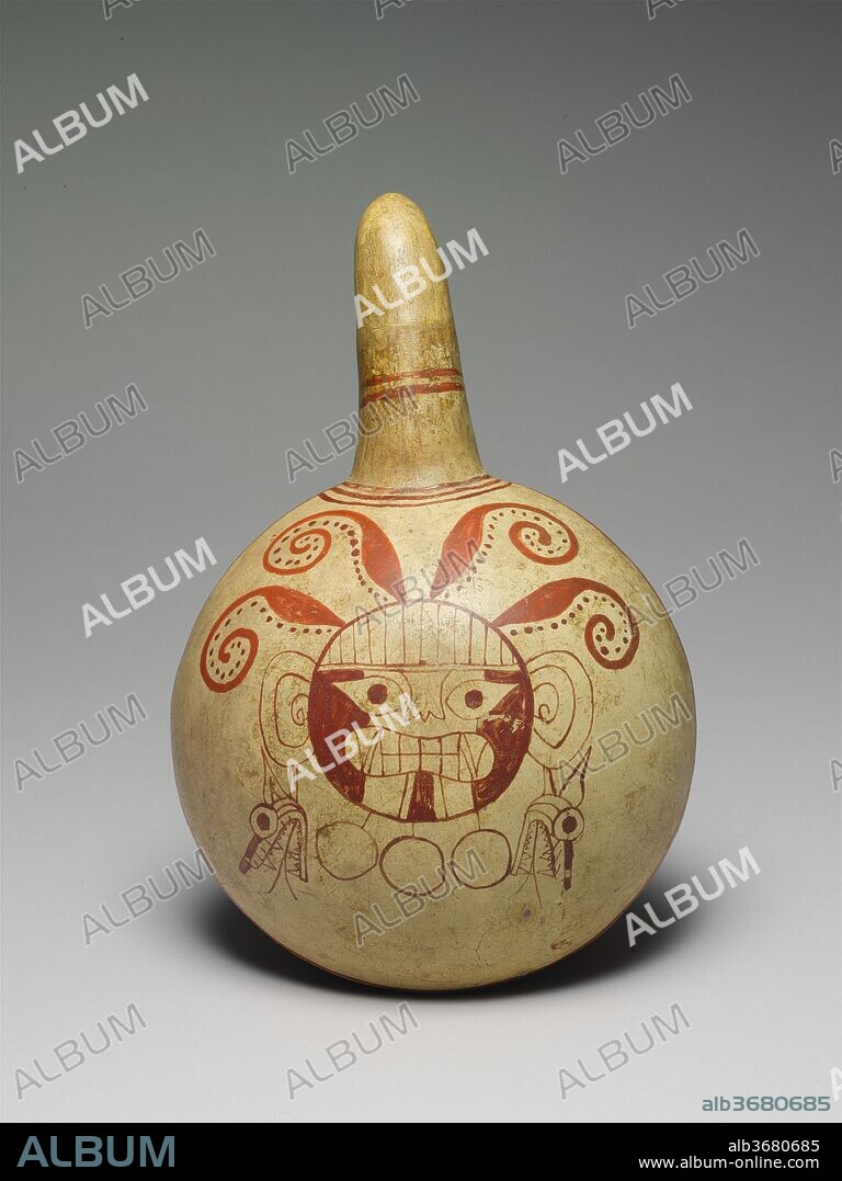 Dipper. Culture: Moche. Dimensions: Overall: 10 3/4 in. (27.31 cm)
Other: 6 7/8 in. (17.5 cm). Date: 3rd-5th century.
Moche cornpoppers, or dippers, have a lenticular body and a handle attached to one side. Whereas some handles have a hornlike shape, most have a human or animal head at the extremity. The shape of these vessels was perhaps derived from similar containers made of bottle gourd. Cornpoppers are rarely found in domestic contexts. They were used as funerary offerings and probably as drinking vessels during rituals. Many cornpoppers were discovered in spacious rooms on top of the monumental platform at Huancaco, in the Virú valley. They were associated with large jars designed to store corn beer. The back of this particular vessel represents a Moche major deity with its characteristic fanged mouth, semicircular headdress, snake-head earspools, and octopus tentacles radiating from the head.