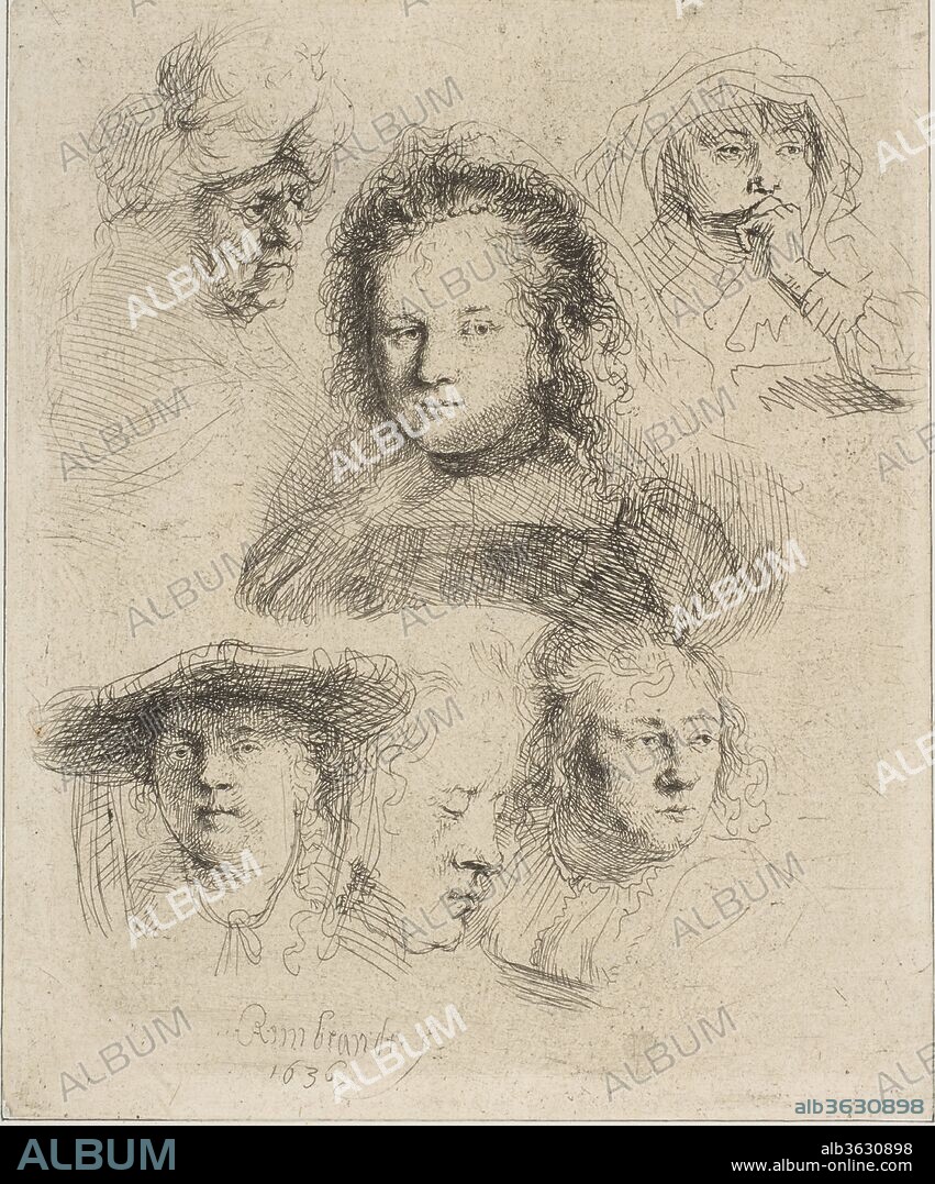 Rembrandt's Wife and Five Other Heads. Artist: Rembrandt (Rembrandt van Rijn) (Dutch, Leiden 1606-1669 Amsterdam). Dimensions: Sheet: 5 7/8 x 4 15/16 in. (15 x 12.5 cm). Date: 1636.