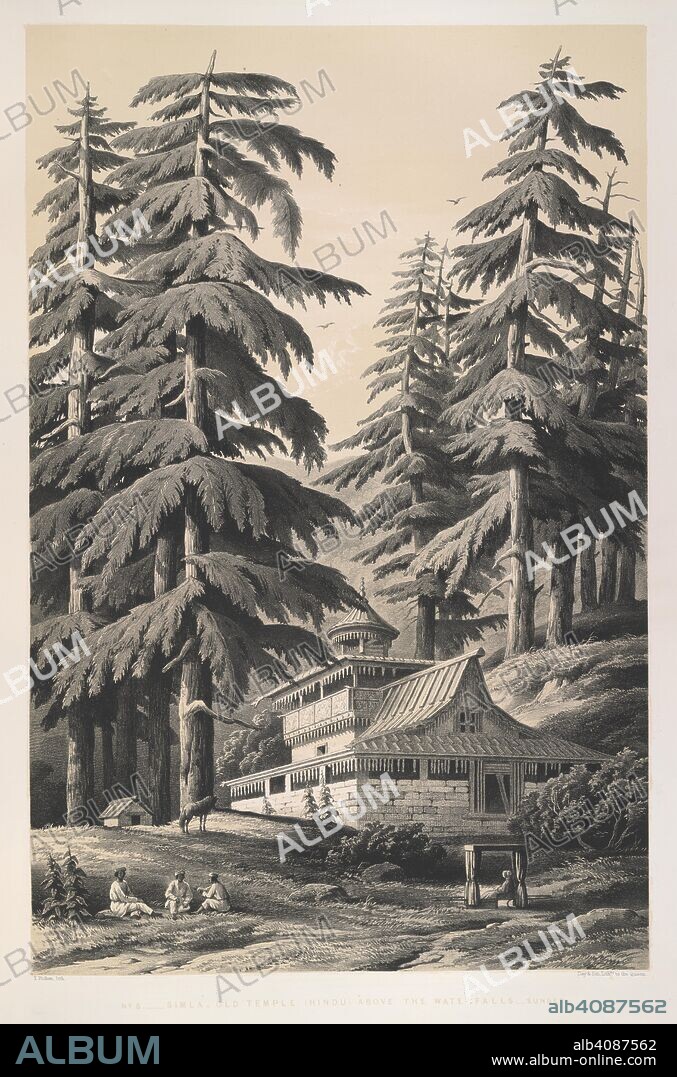 Simla, Old Temple (Hindu) above the Waterfalls. This sketch shows the first of the temples seen in the mountains, situated in a valley of "noble cedars" about two miles from Simla and about half a mile from the first of 13 waterfalls . Views in the Himalayas, drawn on the spot by Mrs. W. L. L. Scott. [Lithographed.]. London : Henry Graves & Co., 1852. Lithograph. Source: X670(8). Language: English.