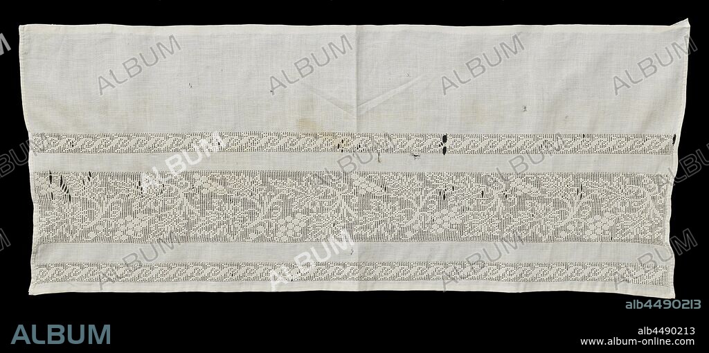 Strip of linen with three strips of lace embroidery with pulled