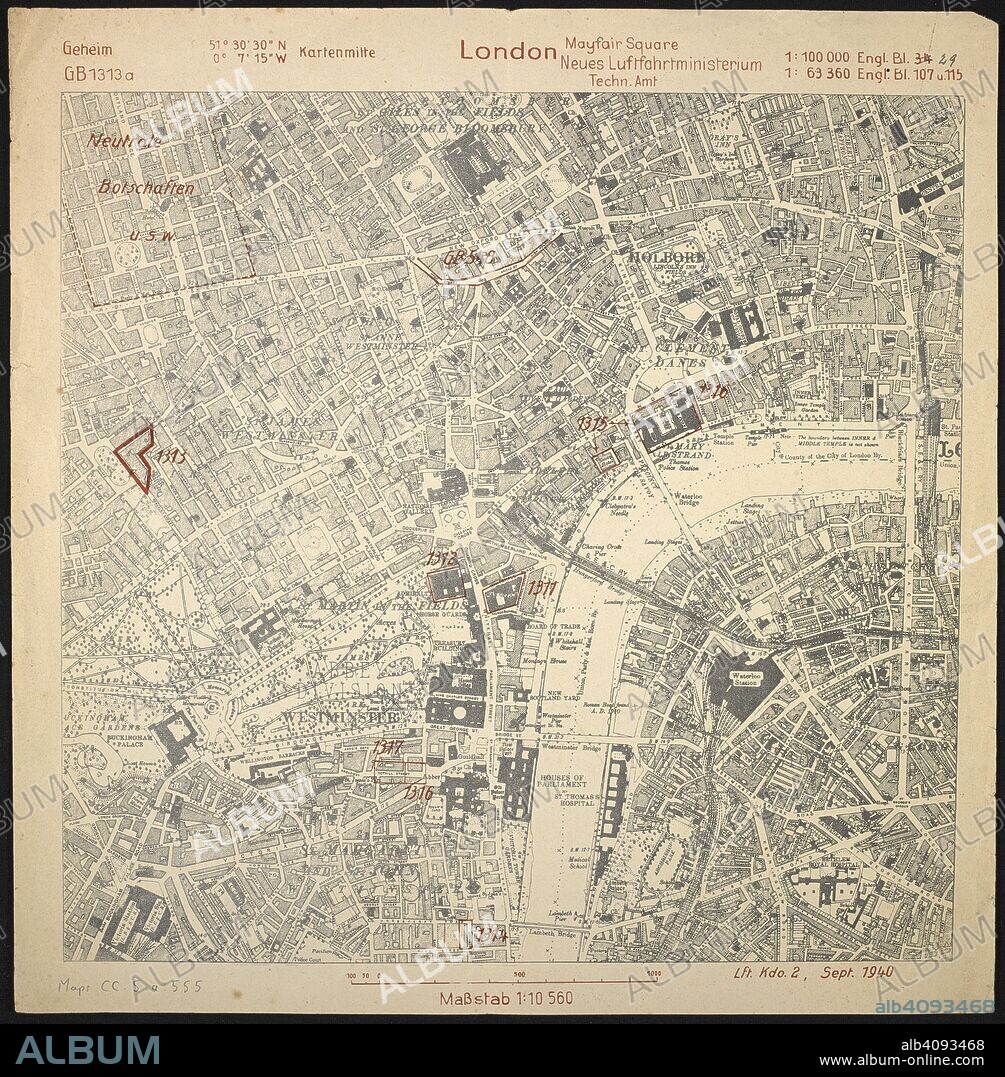 A Luftwaffe map of 'Mayfair Square'. London Mayfair Square / Neues Luftfahrtministerium Techn. Amt. [Berlin: Luftwaffe, 1940]. Source: Maps CC.5.a.555. Language: English and German.