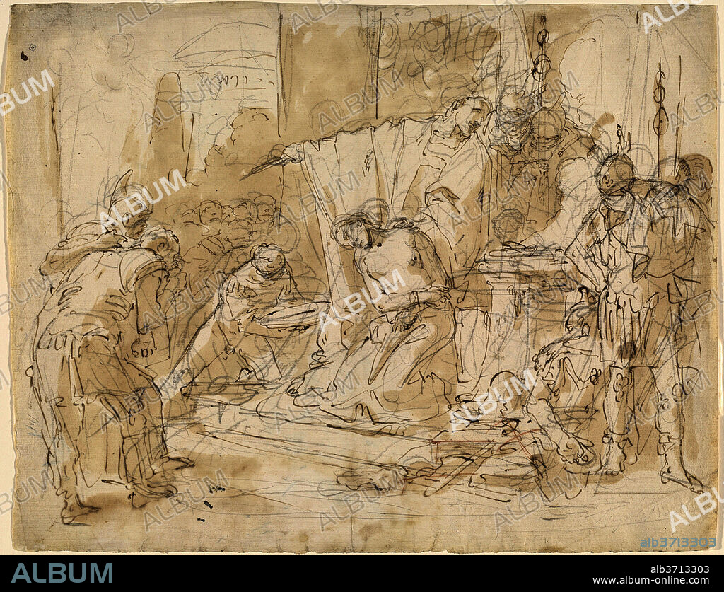 GIOVANNI BATTISTA TIEPOLO. The Sacrifice of Iphigenia (recto) / Study of a Male Nude (verso). Dated: c. 1726. Dimensions: sheet: 43.3 × 56.2 cm (17 1/16 × 22 1/8 in.). Medium: pen and brown ink with brown wash over black chalk; unrelated (?) touches of red chalk on laid paper.