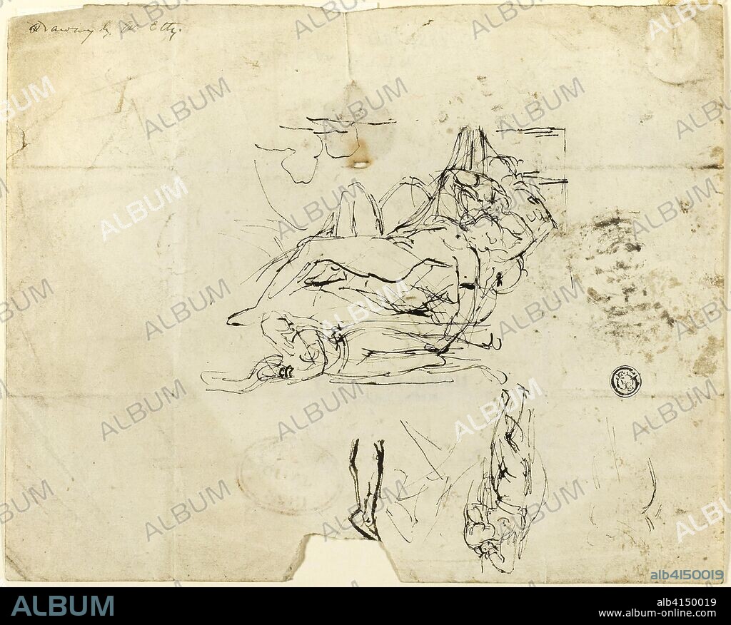 Sketches of Reclining Female Nude and Amorous Couple. William Etty; English,  1787-1849. Date: 1807-1849. Dimensions: 188 × 234 mm. Pen and brown ink on  ivory wove paper. O - Album alb4150019