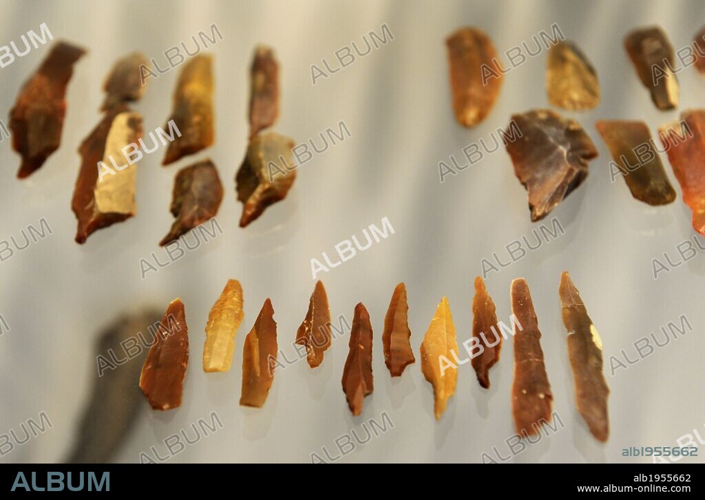 Lithic industry. Tools used by reindeer hunters. From the camp at Solbjerg, Lolland. Ahrensburg Culture. Mesolithic. Northwestern Europe. 12200 BC. National Museum of Denmark. Copenhagen. Denmark.