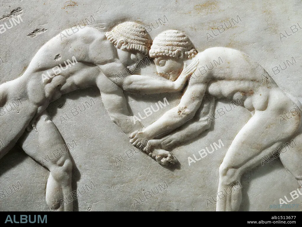 Greek civilization, 6th century b.C. Plinth of kouros statue depicting  wrestlers, 510 b.C. Detail. Relief from the Kerameikos necropolis in  Athens, Greece. - Album alb1513677