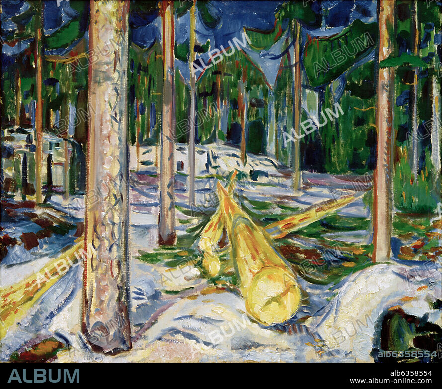 EDVARD MUNCH. Munch, Edvard. 1863-1944. "Yellow tree trunk (Cut-down trees / In the forest) ", 1912. Oil on canvas, 107 × 127cm. Europe, Private Collection.