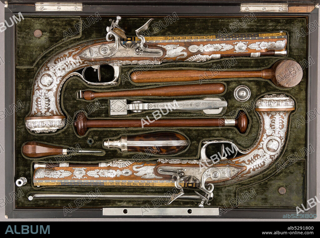 FRANçOIS PIRMET and NICOLAS NOëL BOUTET. Cased Pair of Flintlock Pistols with Accessories, French, Paris, ca. 1810.