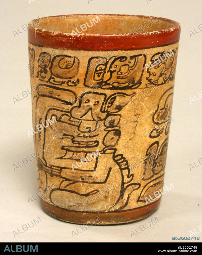 Cylindrical Vessel. Culture: Maya. Dimensions: H. 5 1/4 x Diam. 4 1/8 in. (13.3 x 10.5 cm). Date: 7th-8th century.
This cylindrical vessel framed by red bands contains a hieroglyphic text around its rim and shows two seated gods. It is painted in the 'codex-style', and the artist used simple shading to emphasize the two figures. The deities could be a version of K'awiil, the Maya god of lightning, as evidenced by the smoking scrolls emerging from their foreheads. 
'Codex-style' pots are so-called for the style of painting which bears a close resemblance to the four extant screen-fold Maya books, known as codices, located in Madrid, Paris, Dresden, and Mexico City. These books date to the Postclassic Period (ca. a.d. 1000-1492). The characteristics of the codex-style are a cream or yellowish slipped background, often framed by red bands above and below, and a black calligraphic line outlining figures and hieroglyphic texts. Sometimes the painters applied a gray wash to shade figures or other features. In contrast to the richly polychromed vases and bowls from the large corpus of Maya vessels, codex-style pots stand apart in their grayscale, which is almost certainly a reflection of their development vis-à-vis calligraphic books.